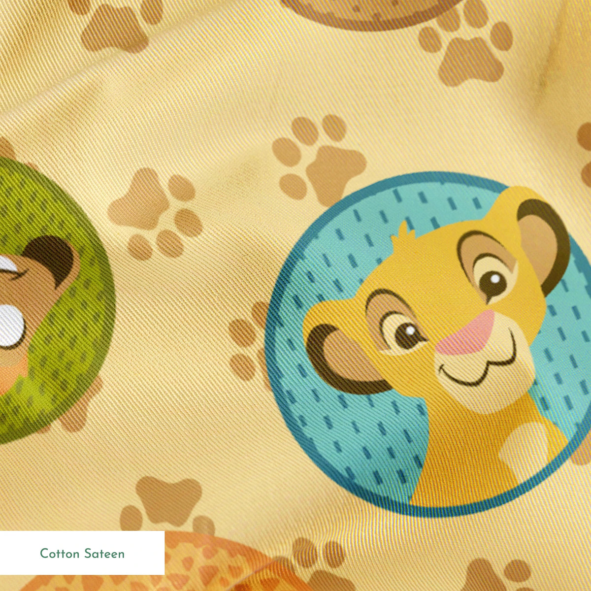 Cartoon animal faces in circular frames on beige background with paw prints - lion, monkey, dog, bird springs sateen texture