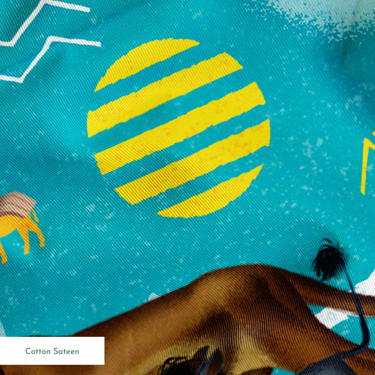 Animated lions pattern on turquoise background with geometric shapes and tribal designs springs sateen texture