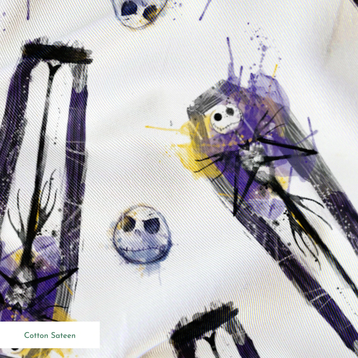 Repeating pattern of stylized gothic figures in black and purple with skull-like faces on white background springs sateen texture