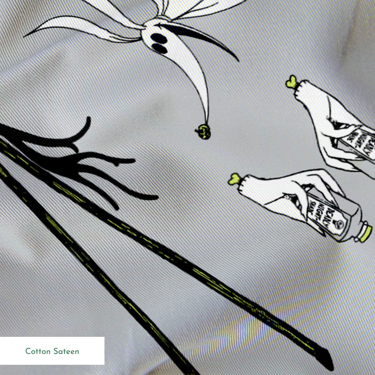 Spooky pattern with stylized ghostly figures, skeletal creatures, and green accents on gray background springs sateen texture