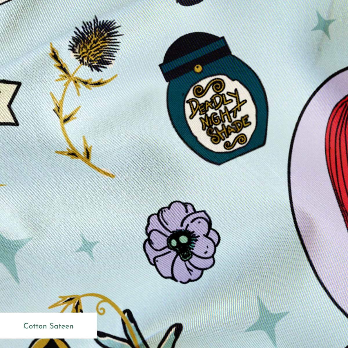 Whimsical pattern with skeletal figure in oval frame, black cats, spiderwebs, potion bottles, and "Soup is Ready" banners on light blue background. springs sateen texture