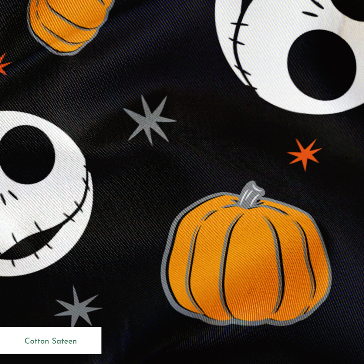 Halloween pattern with Nightmare Before Christmas characters, orange pumpkins, stars and crescent moons on black background springs sateen texture