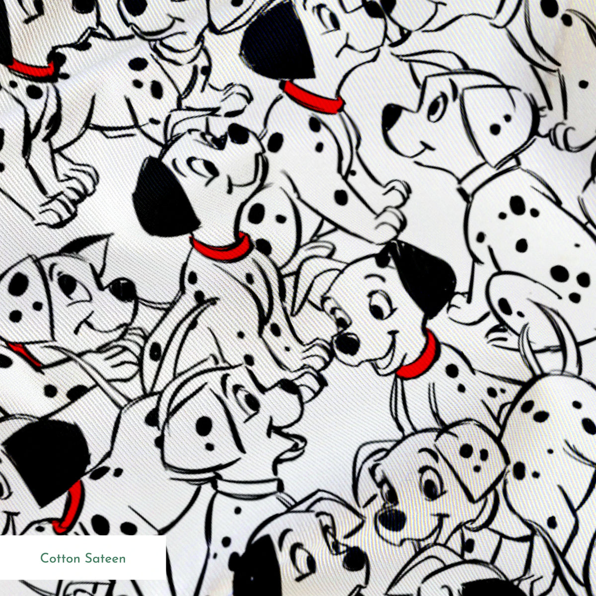 A densely packed pattern of Dalmatian puppies with black spots and red collars, creating a whimsical black and white illustration. springs sateen texture