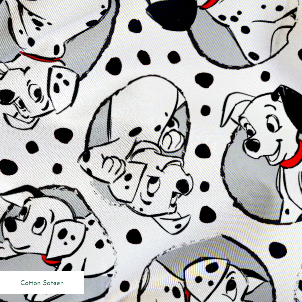 Cartoon pattern of Dalmatian puppies with black spots and red collars on white background springs sateen texture