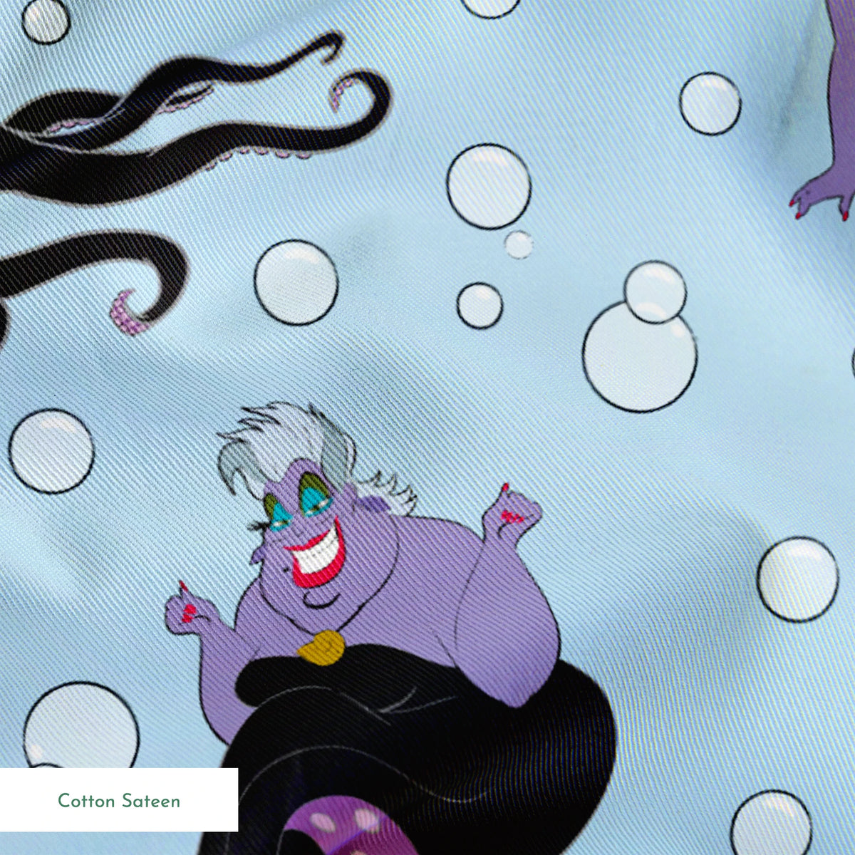Ursula with black tentacles swimming in a light blue underwater scene with white bubbles springs sateen texture