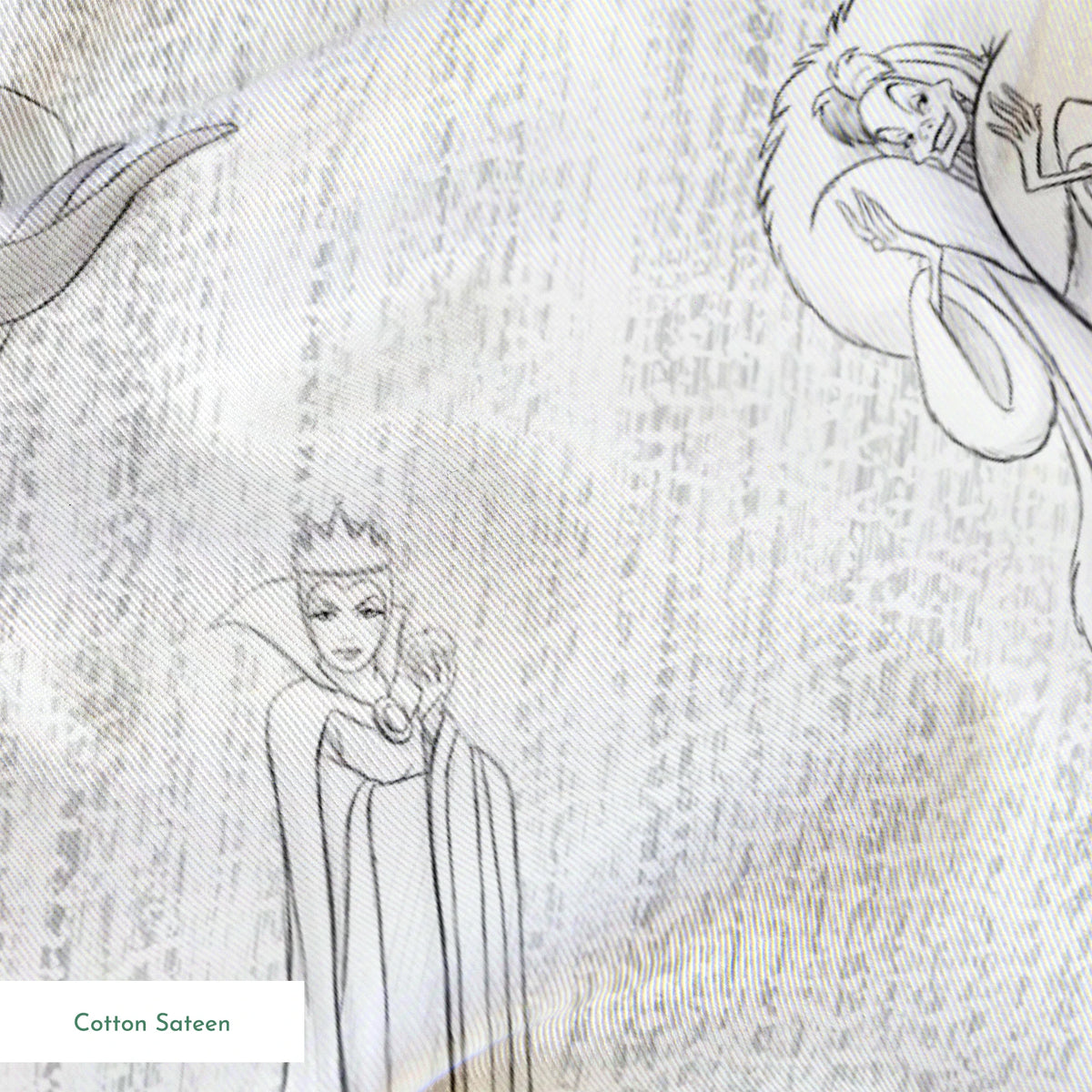 Sketched Disney villains scattered across a textured diagonal background in grayscale springs sateen texture