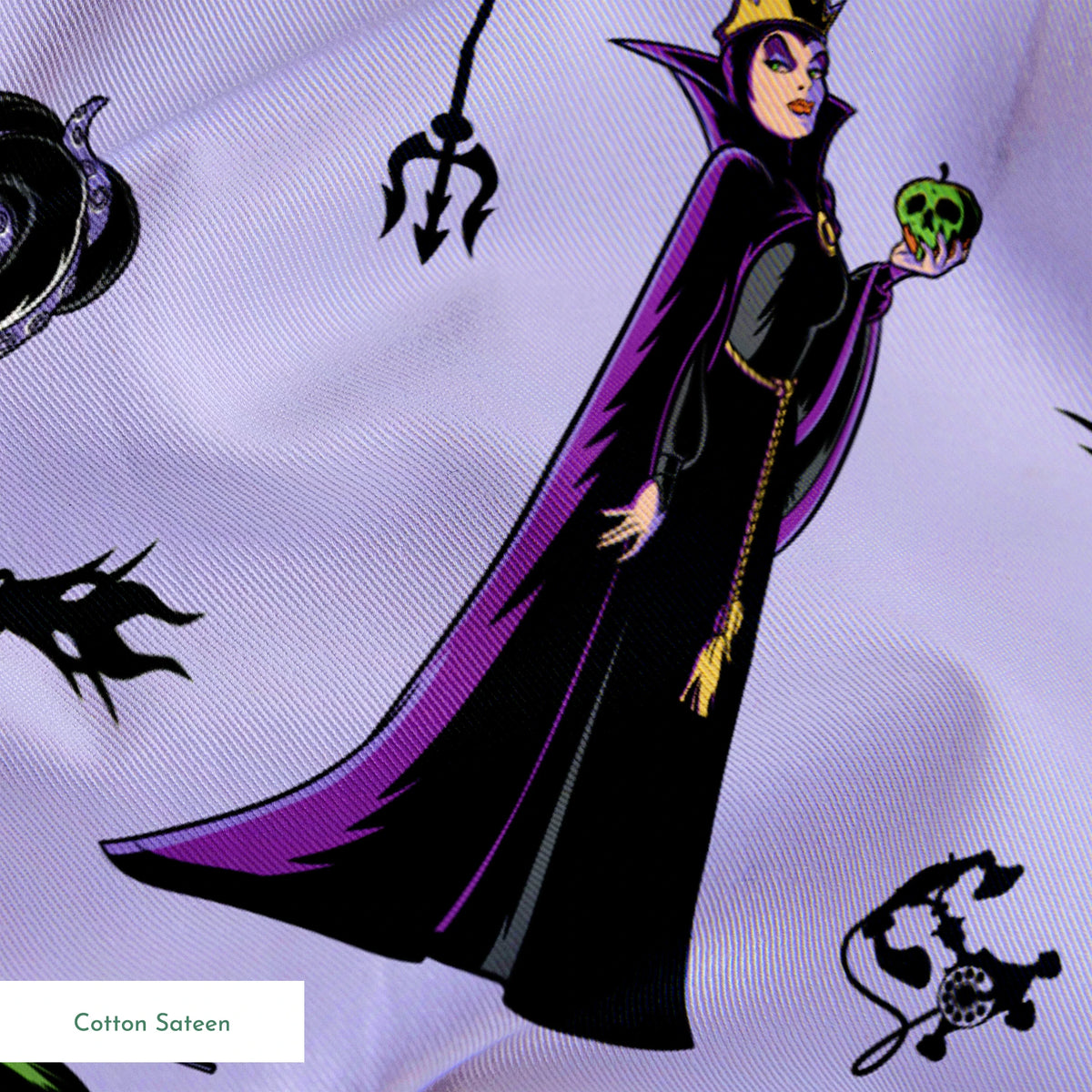 Disney villain characters pattern on purple background, featuring Maleficent and other iconic antagonists in stylized form springs sateen texture