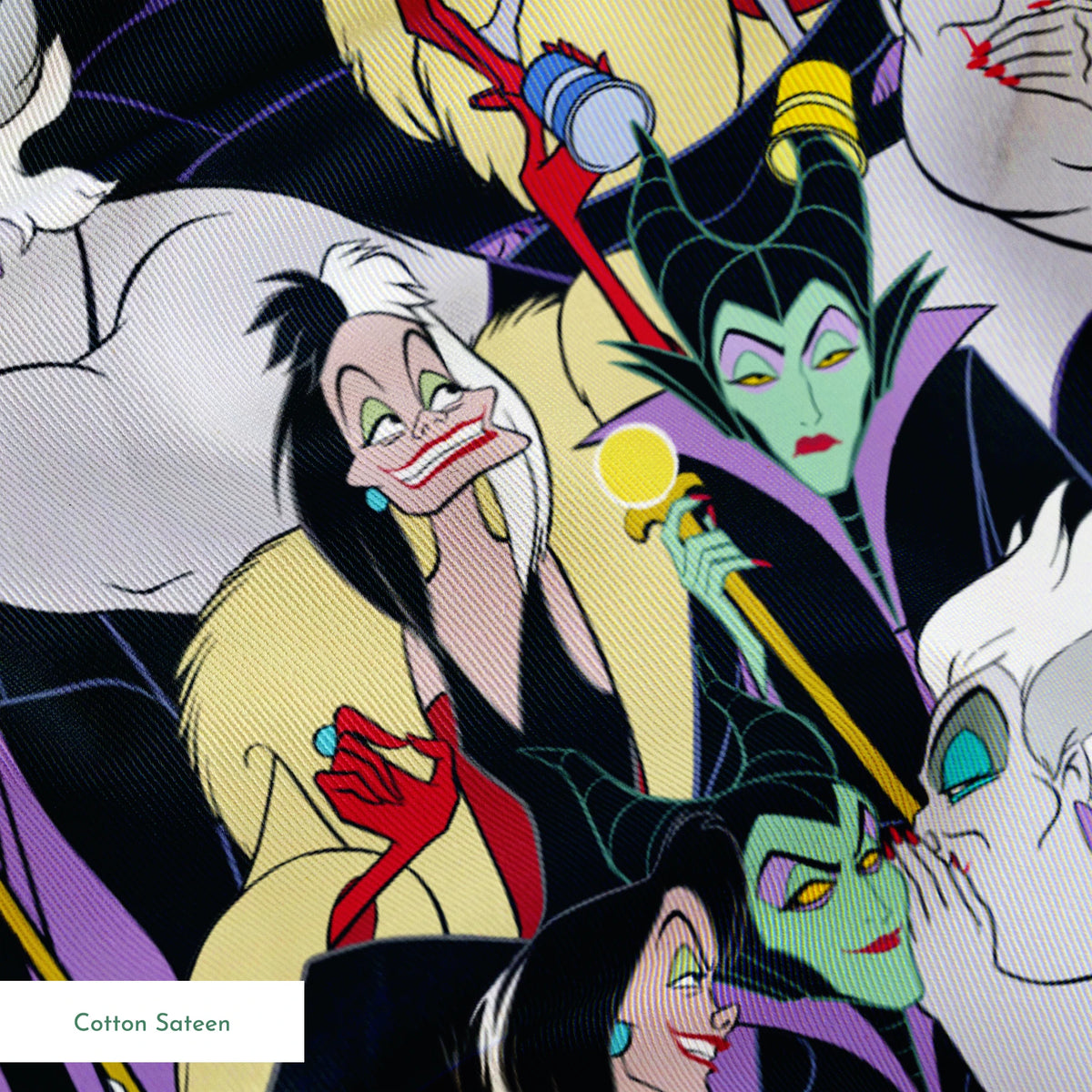 Colorful pattern of Disney villains including Ursula, Maleficent, and Cruella de Vil on dark background springs sateen texture