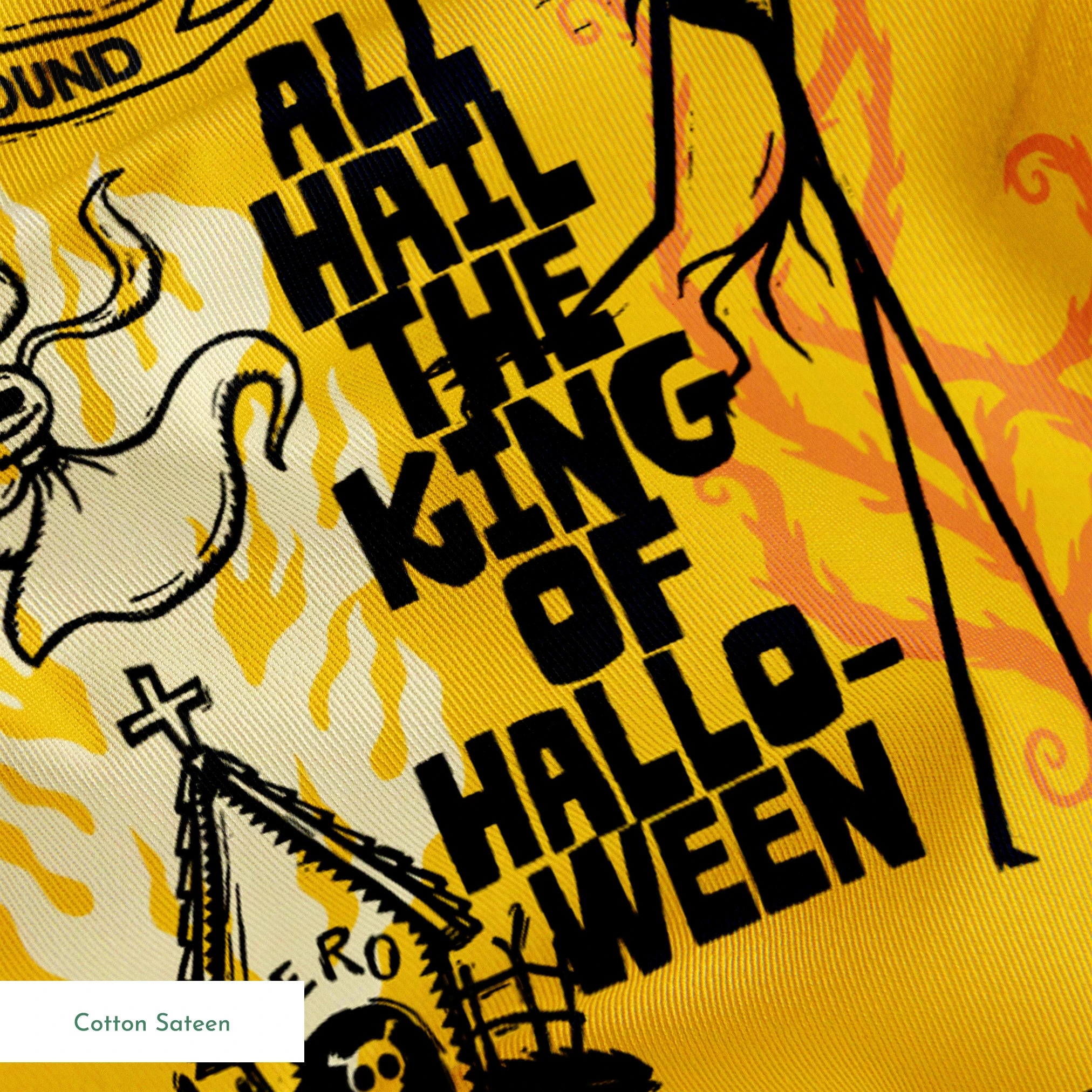 Four stylized Nightmare Before Christmas illustrations in a grid with yellow, green, and orange backgrounds featuring  a haunted house and gothic imagery. springs sateen texture