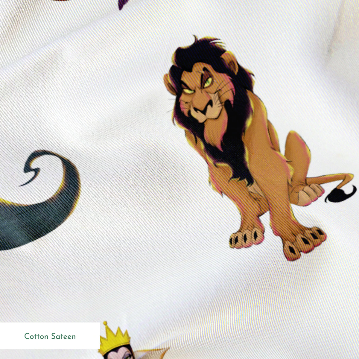 Disney villains pattern with Evil Queen, Scar, Maleficent, Ursula, and Cruella on white background springs sateen texture
