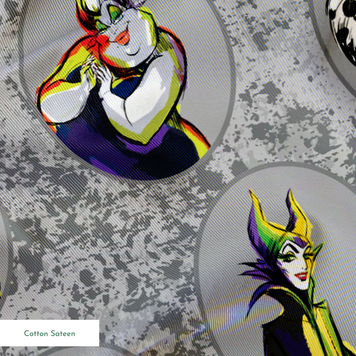 Disney villain characters in oval portraits on gray marbled background, including Ursula, Maleficent, Cruella, and Evil Queen springs sateen texture