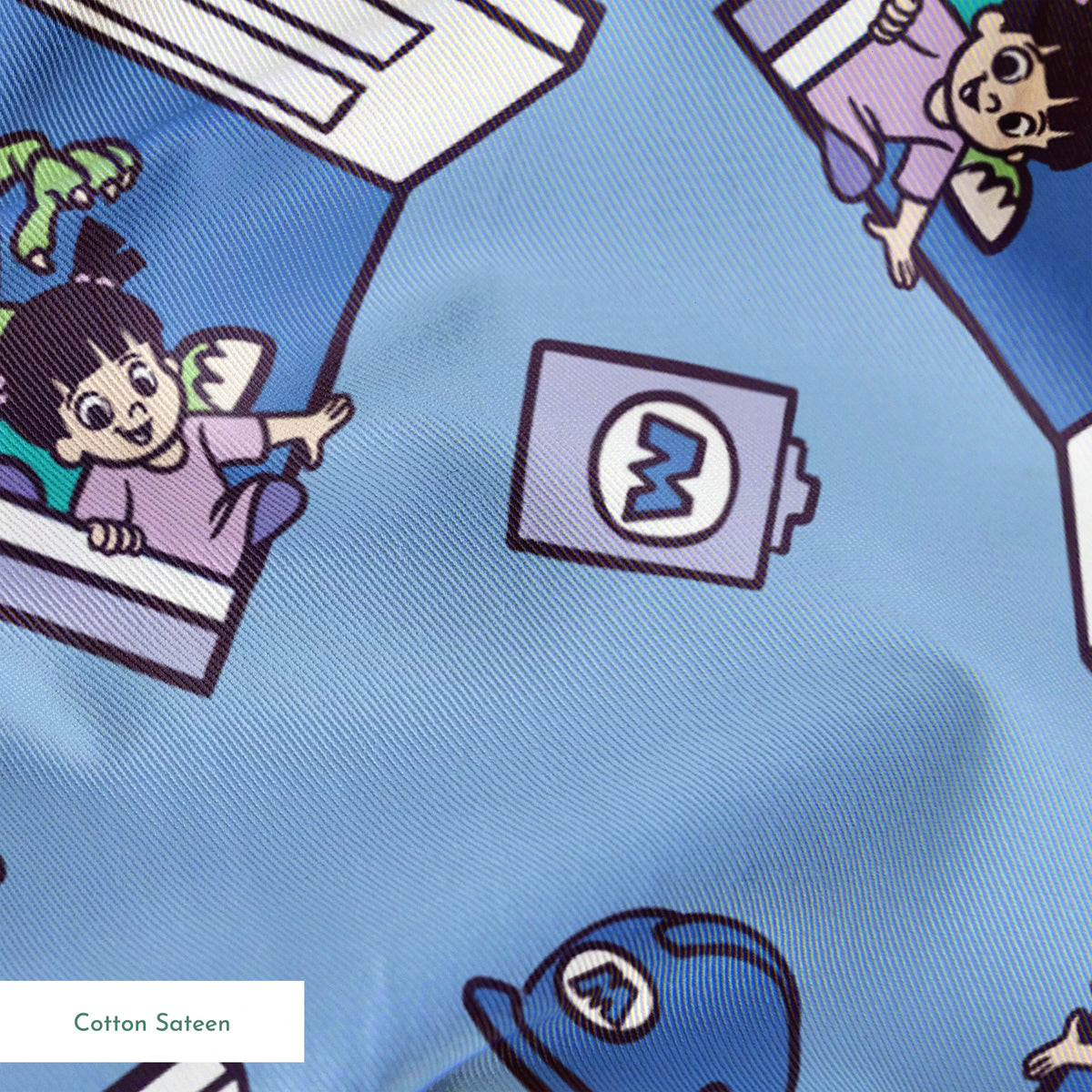 Monsters Inc characters Mike and Sully peeking through doorways on blue background pattern springs sateen texture