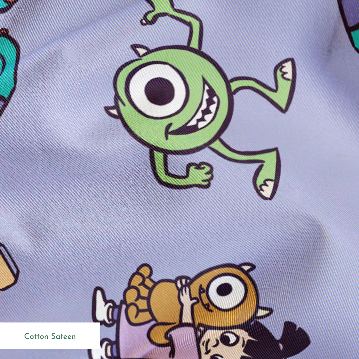 Cartoon pattern of Monsters Inc characters - Mike, Sulley, and Boo - on a purple background springs sateen texture