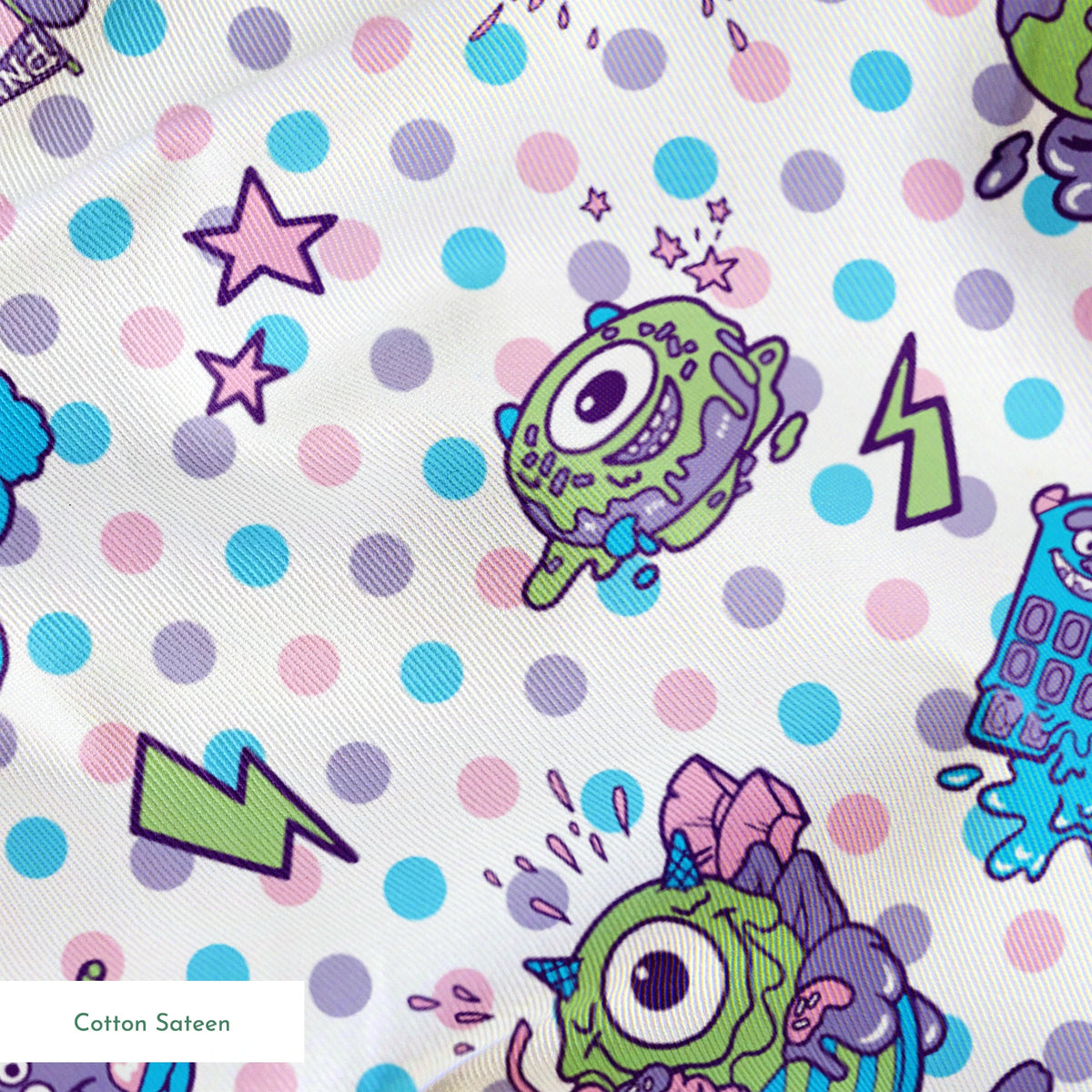 Monsters Inc inspired desserts, stars and lightning bolts on polka dot background springs sateen texture