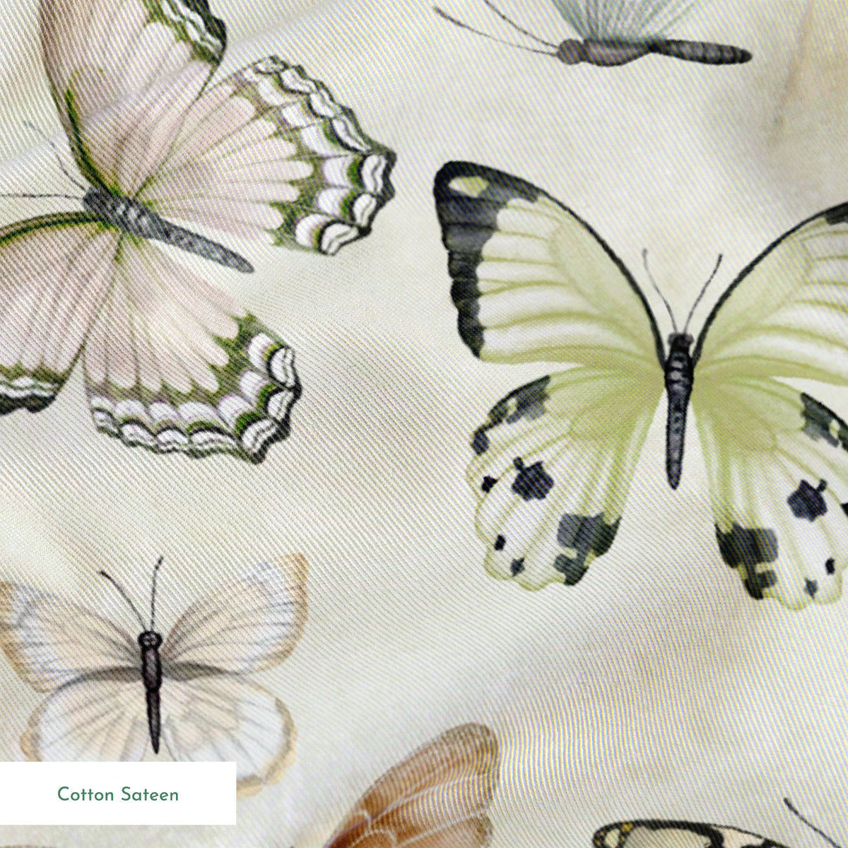 Hand-illustrated pastel butterflies in pink, blue, yellow, and sage on a cream background in a botanical-style Nicole Tamarin design. springs sateen texture