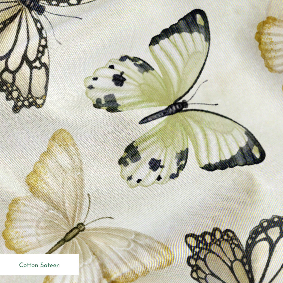 Illustrated butterfly pattern by Nicole Tamarin with soft sage green and neutral tones on a textured cream background. springs sateen texture
