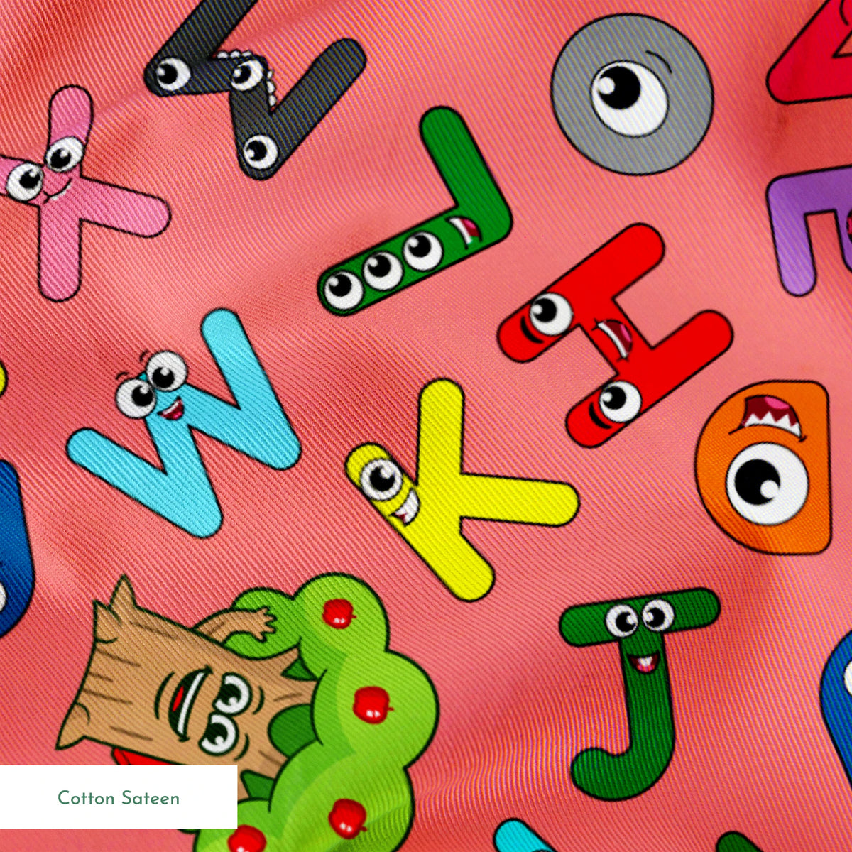 Colorful alphabet pattern with cartoon letter characters on bright pink background springs sateen texture