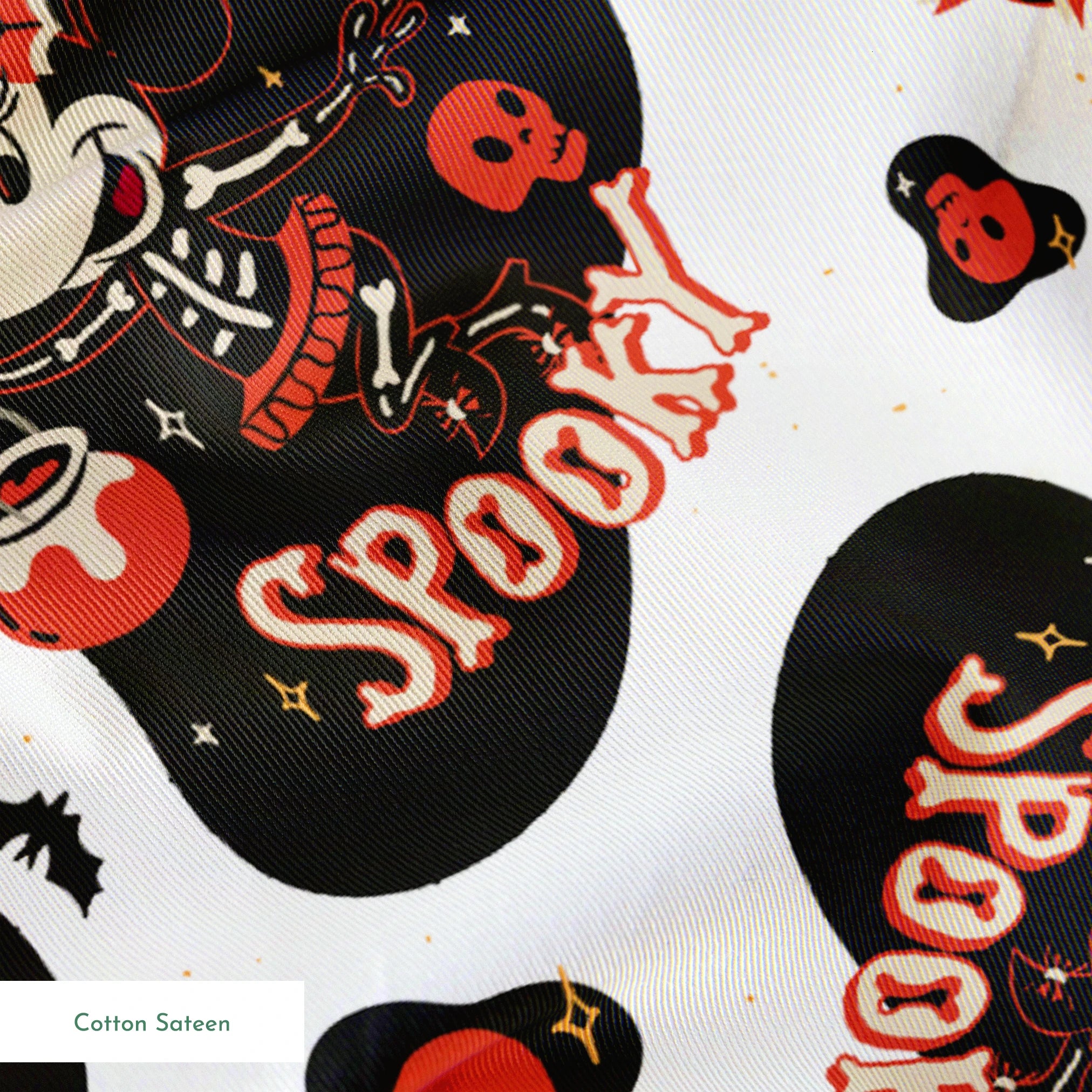Halloween pattern with Minnie Mouse shapes, "Get Spooky" text, skulls, bats, and hearts on white background springs sateen texture