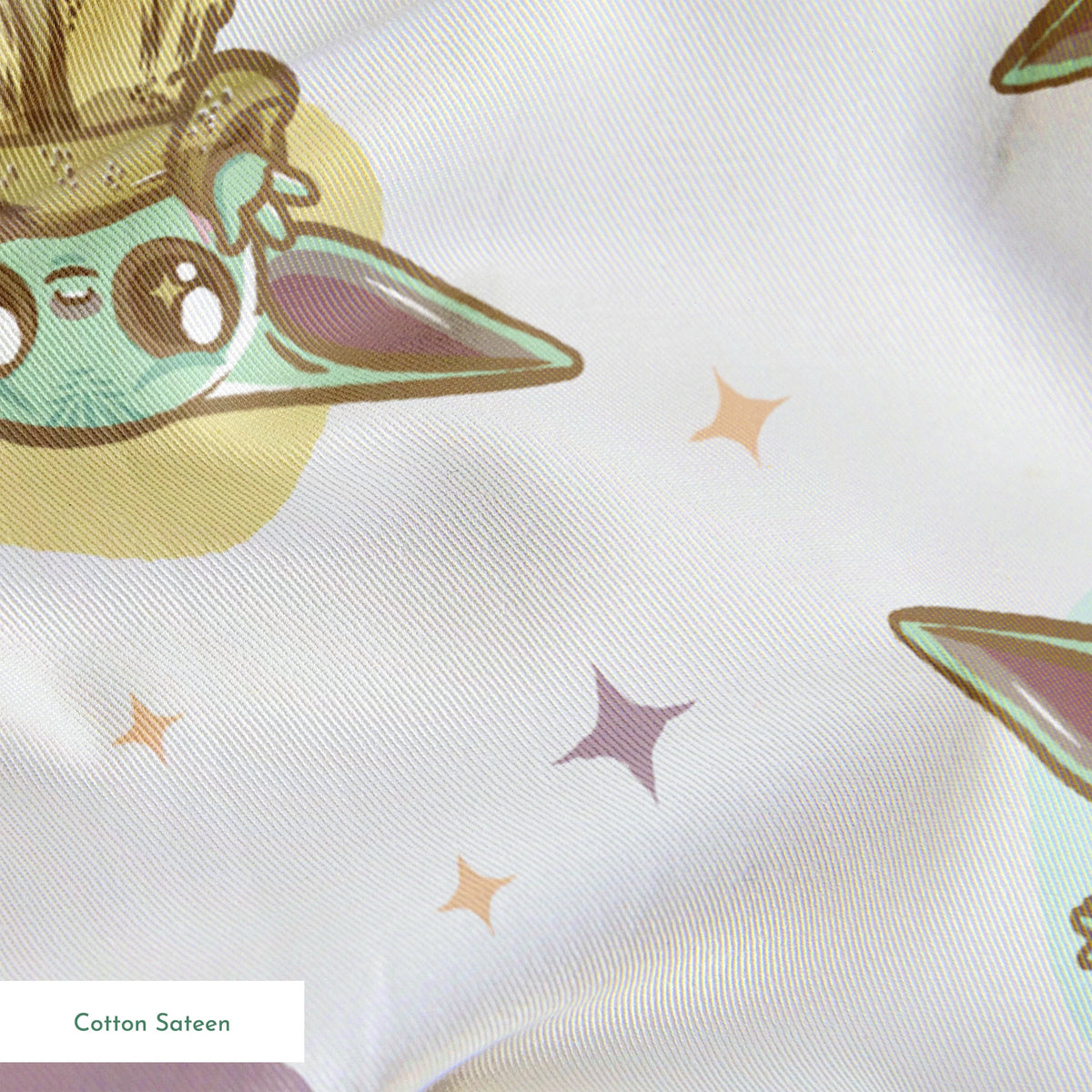 Cute cartoon characters in floating pods with big ears against a starry background, pastel colors springs sateen texture