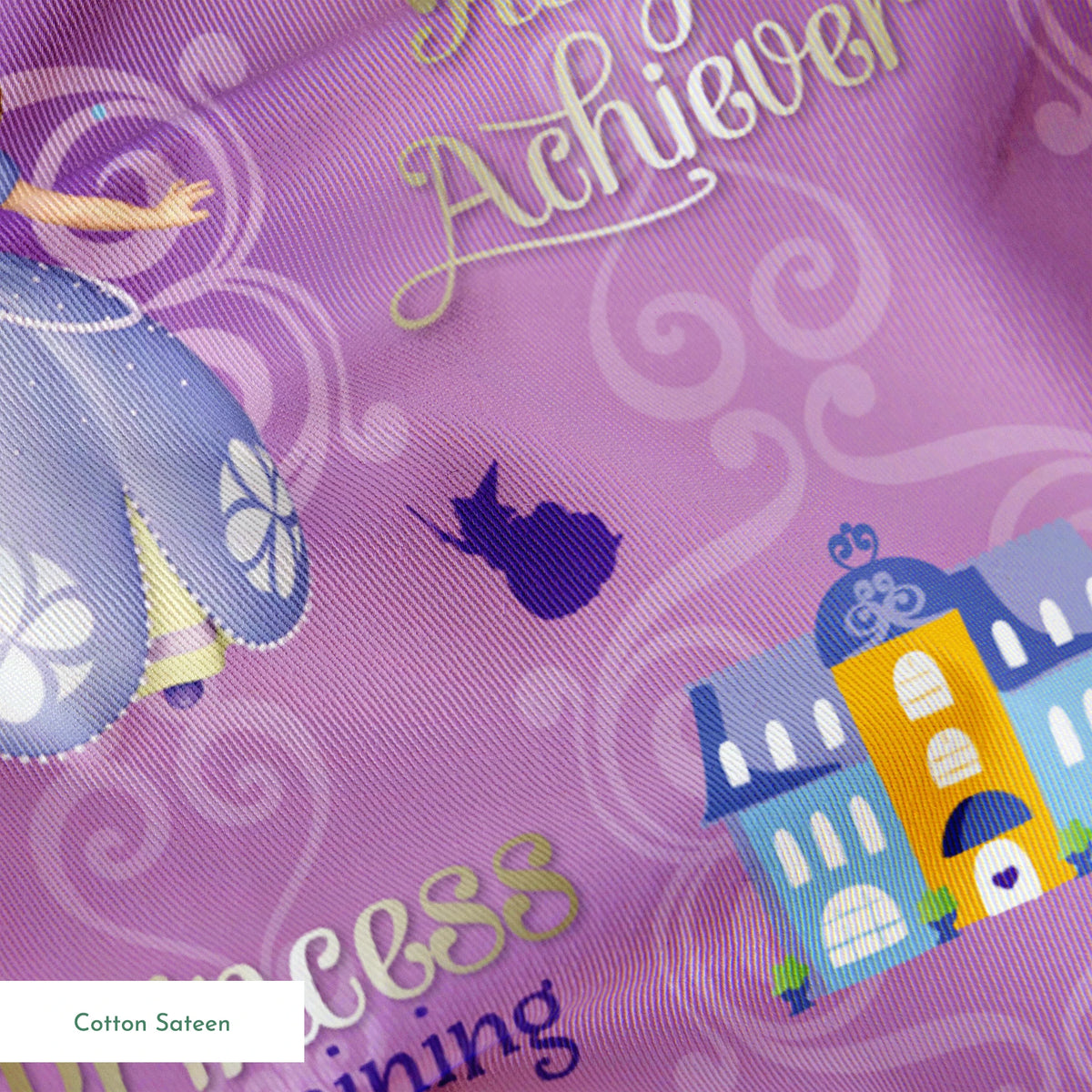 Princess Sofia pattern with "Royal Achiever" and "Princess in Training" text, purple background with castles and books springs sateen texture