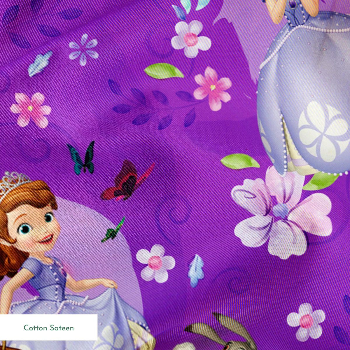 Purple background with repeating pattern of Sofia character in lavender dress surrounded by pink flowers and circular accents springs sateen texture