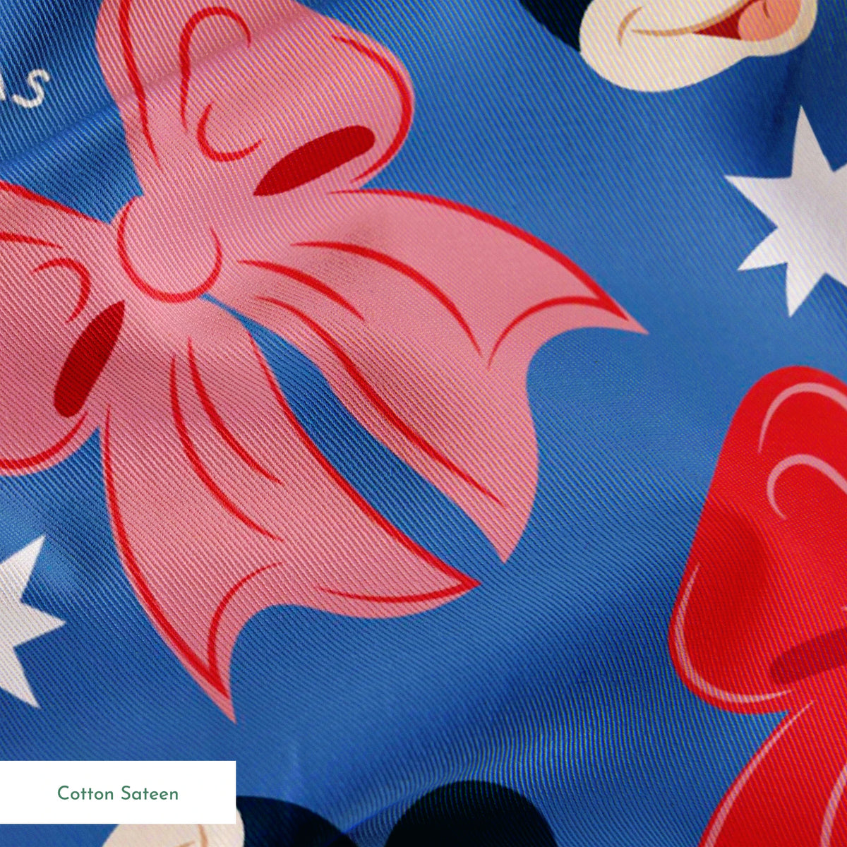 Disney character pattern with Minnie Mouse, Daisy Duck, and pink/red bows on blue background with white stars springs sateen texture