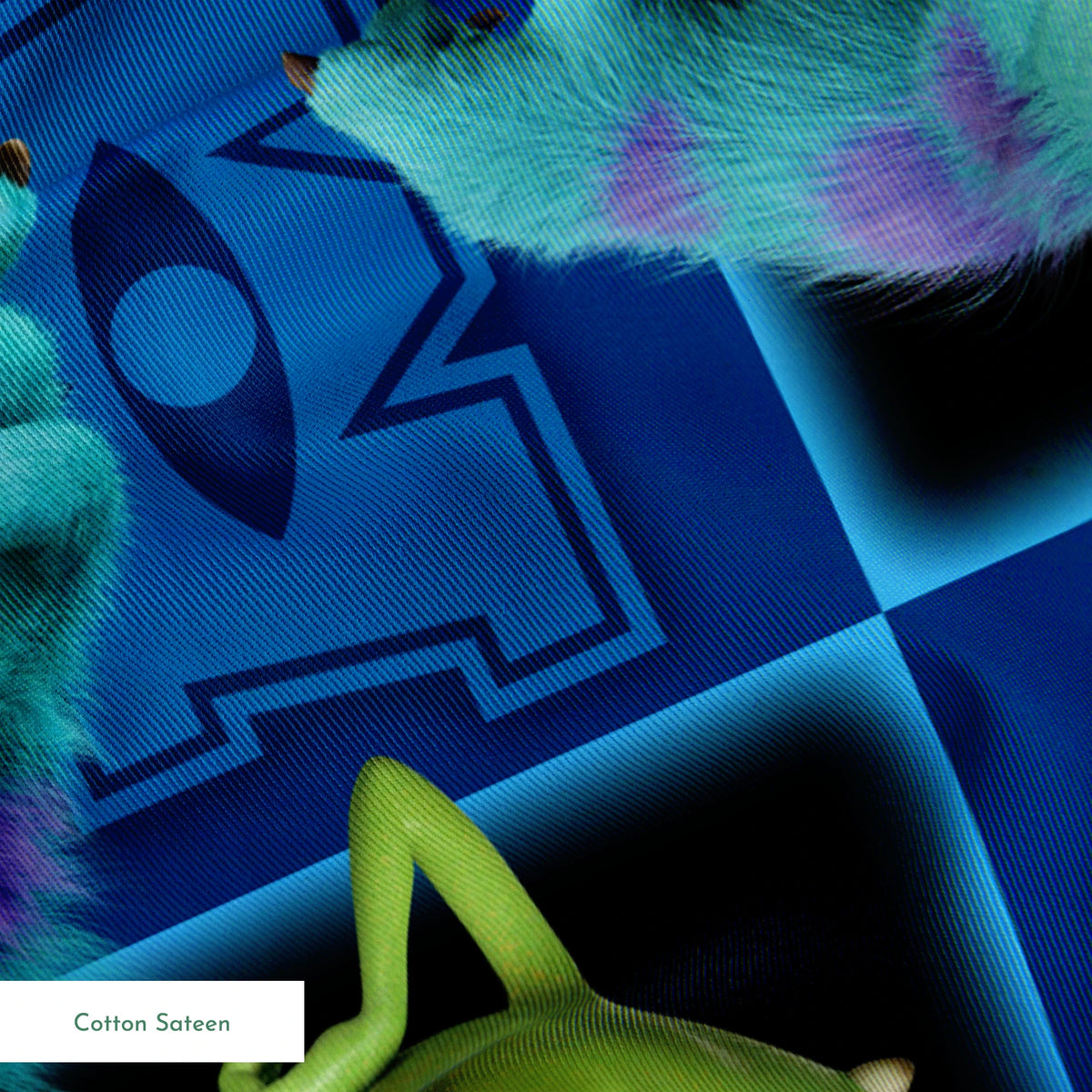 Monsters Inc characters pattern with Mike and Sulley on blue background with logos and emblems springs sateen texture