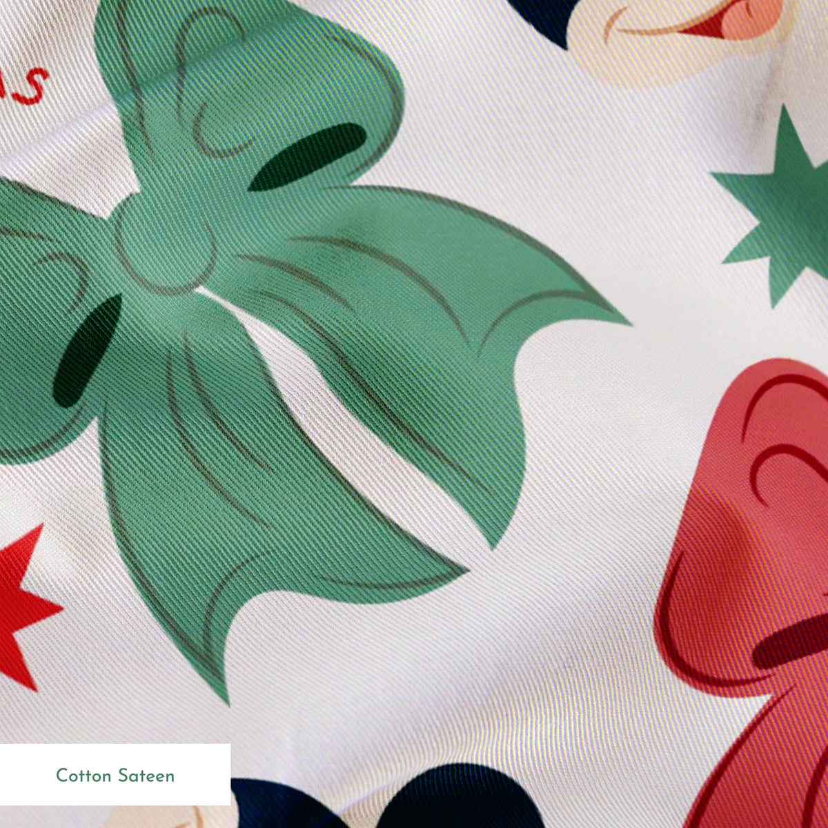 Disney pattern with Minnie Mouse and Daisy Duck characters, green and red bows, and green stars on light background. springs sateen texture