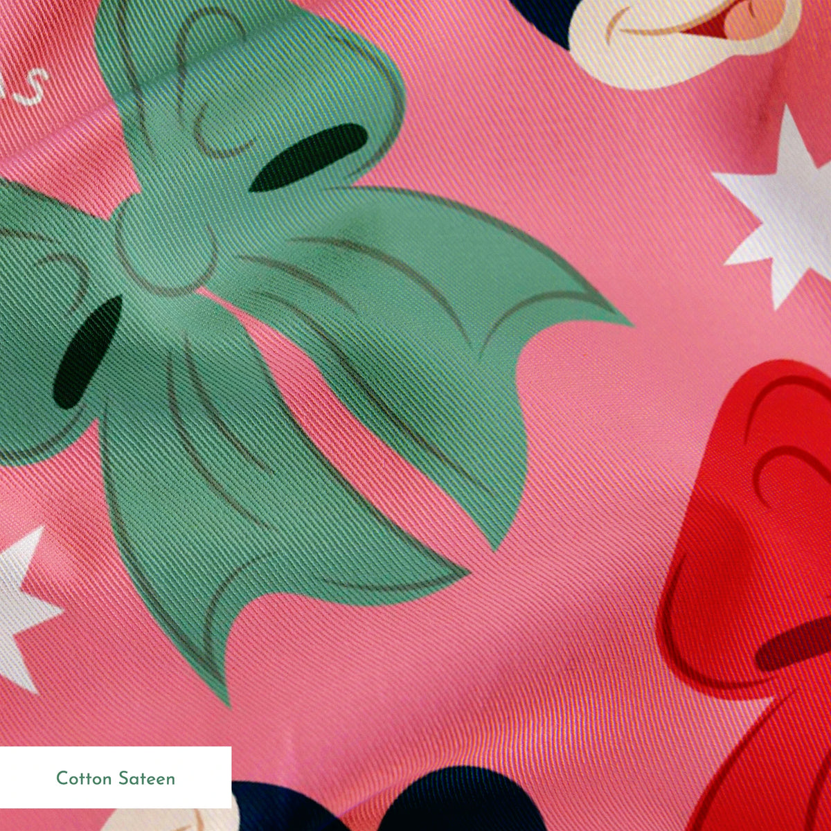 Disney character pattern with Mickey and Minnie Mouse, Donald Duck, bows in red and green on pink background with white stars springs sateen texture