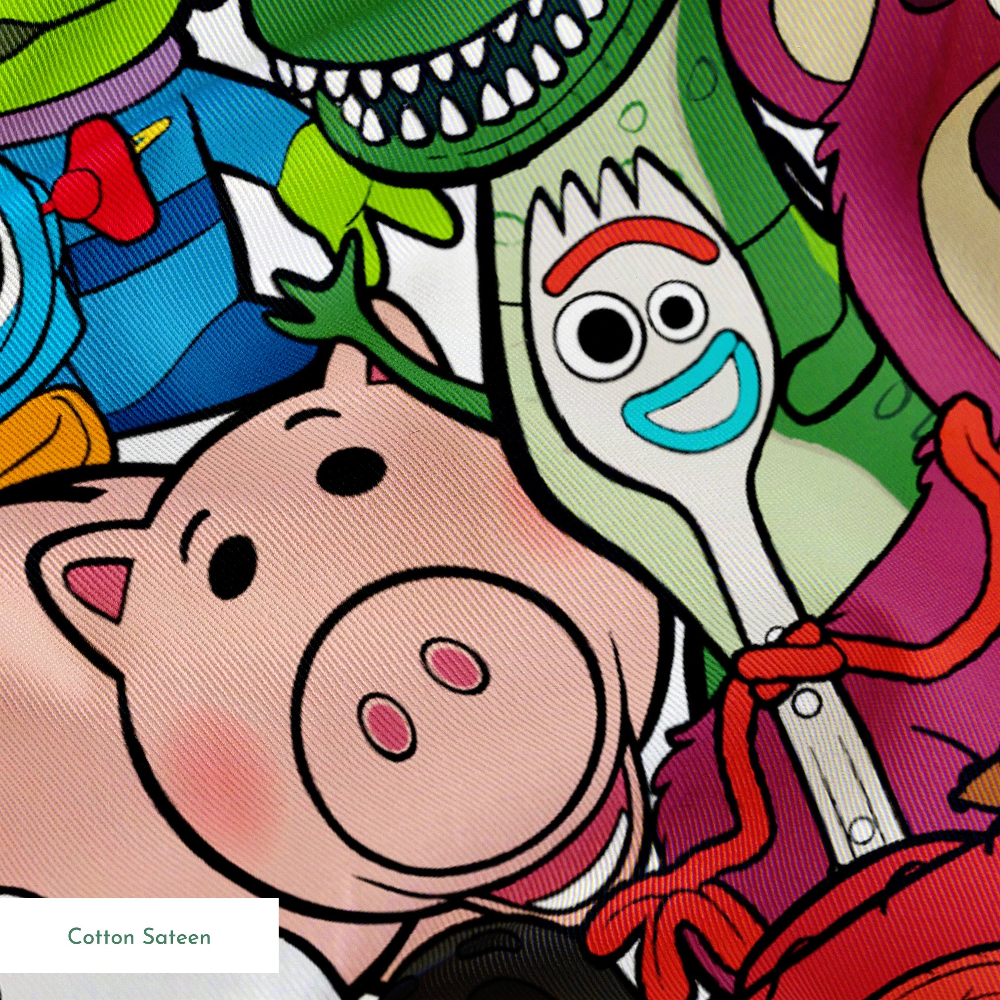 Colorful collage of Pixar and Disney animated characters including Toy Story, Monsters Inc, and other iconic cartoon figures springs sateen texture