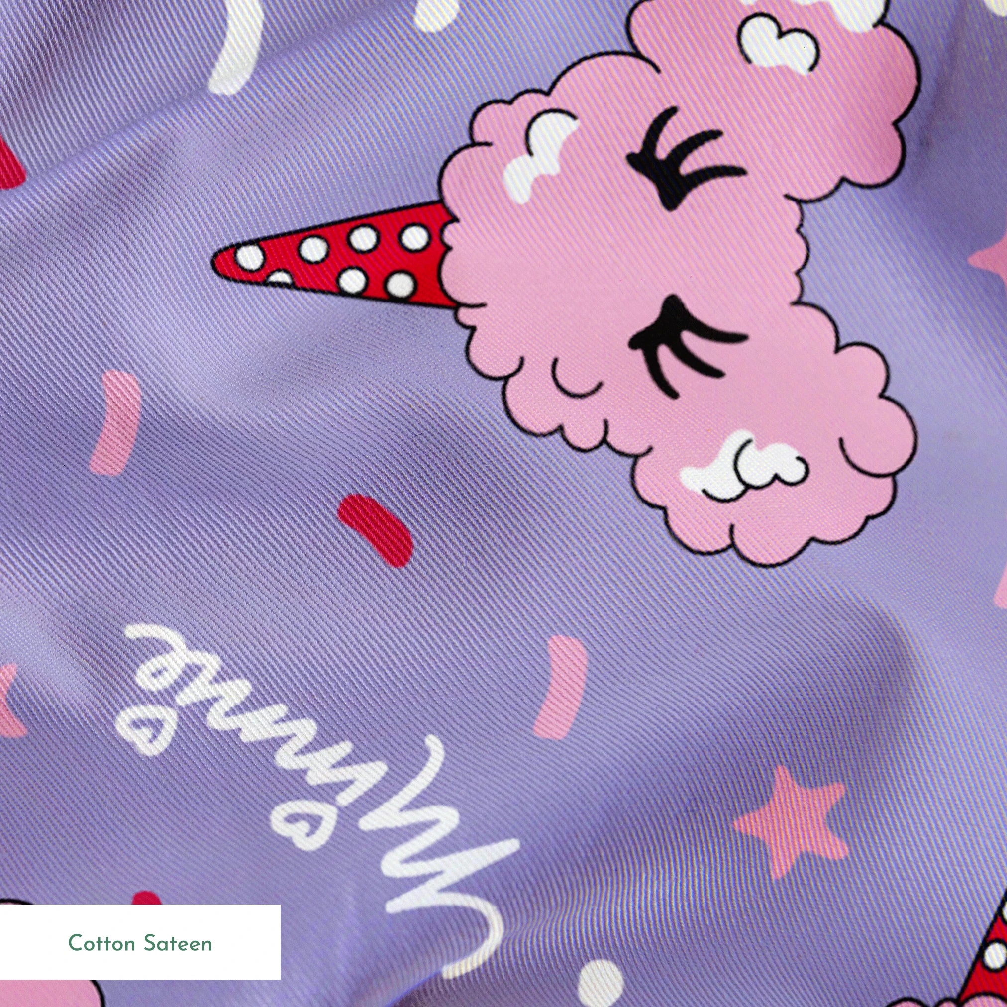 Pink Disney-inspired cotton candy and bows on purple background with confetti and stars springs sateen texture