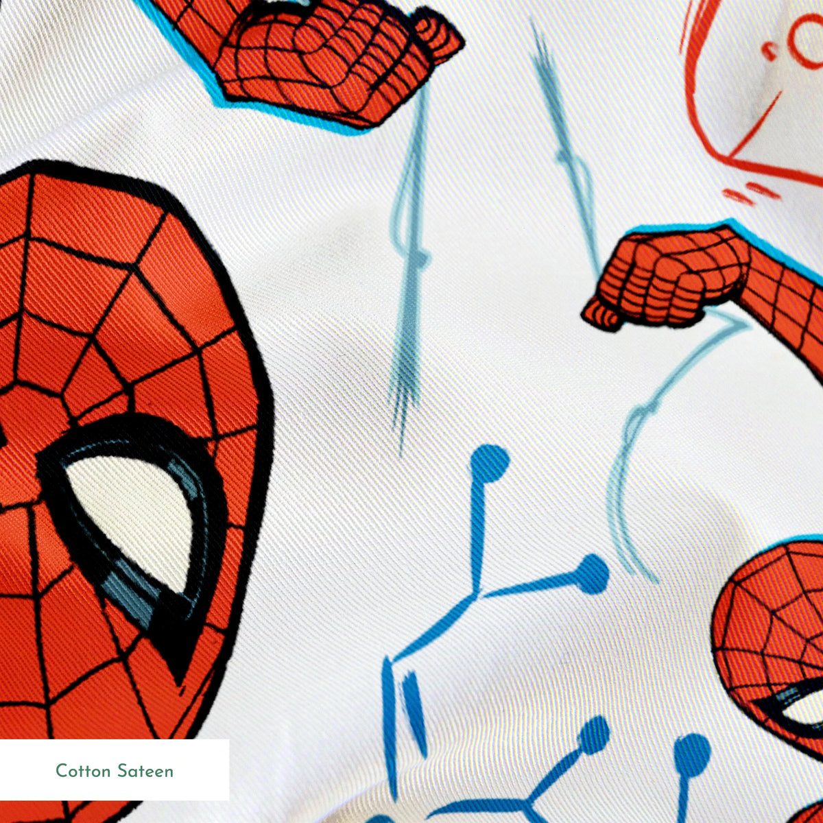 Comic-style Spider-Man pattern with red and blue figures in various poses, spider symbols, and text on white background springs sateen texture