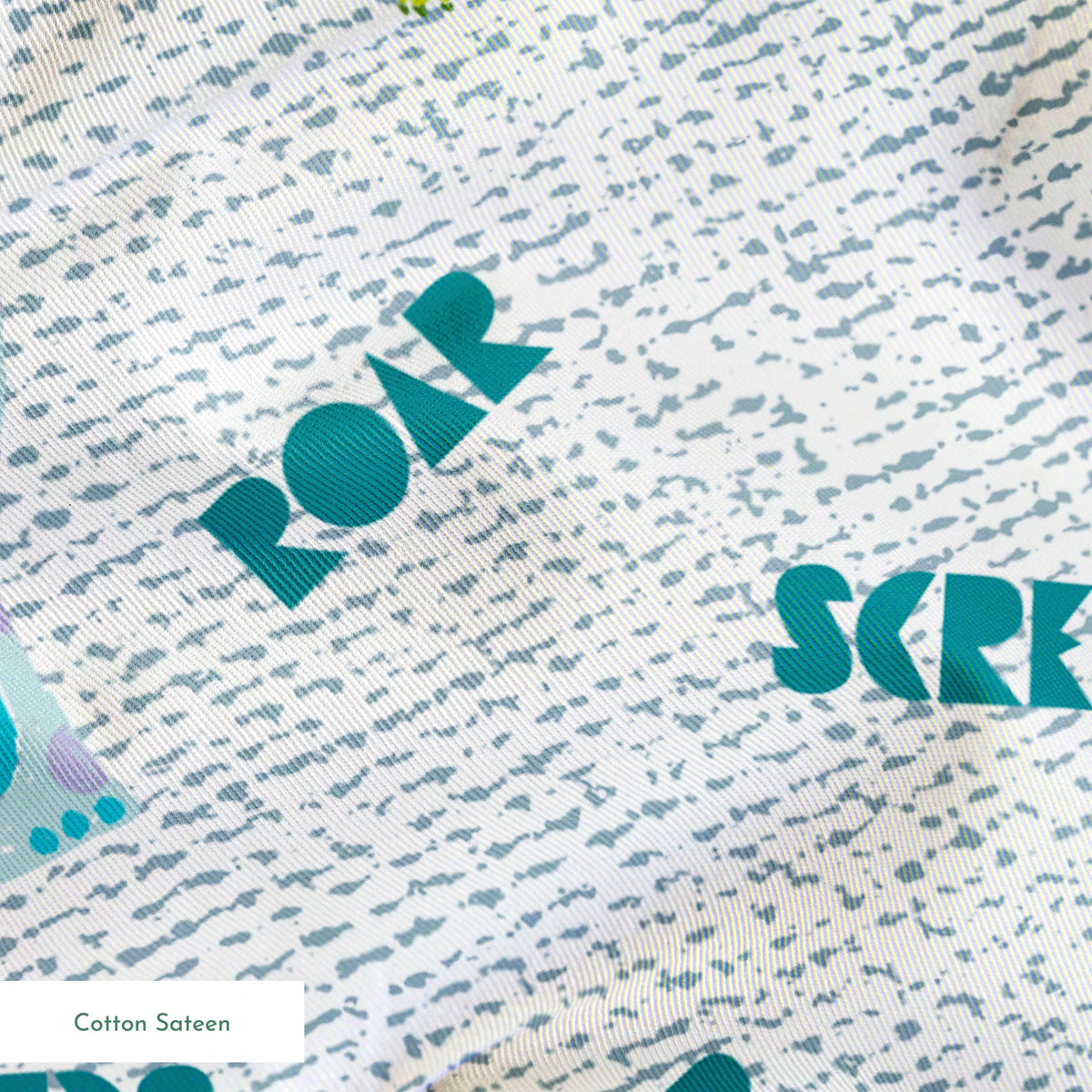 Monsters Inc pattern with teal "SCREAM" text, Mike Wazowski and Sulley on light textured background springs sateen texture