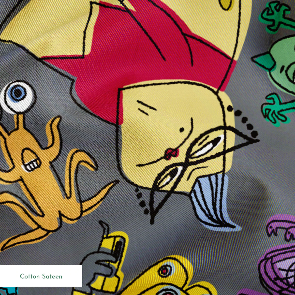 Colorful Monsters Inc pattern with various whimsical creatures in yellow, blue, green, and purple on a gray background. springs sateen texture
