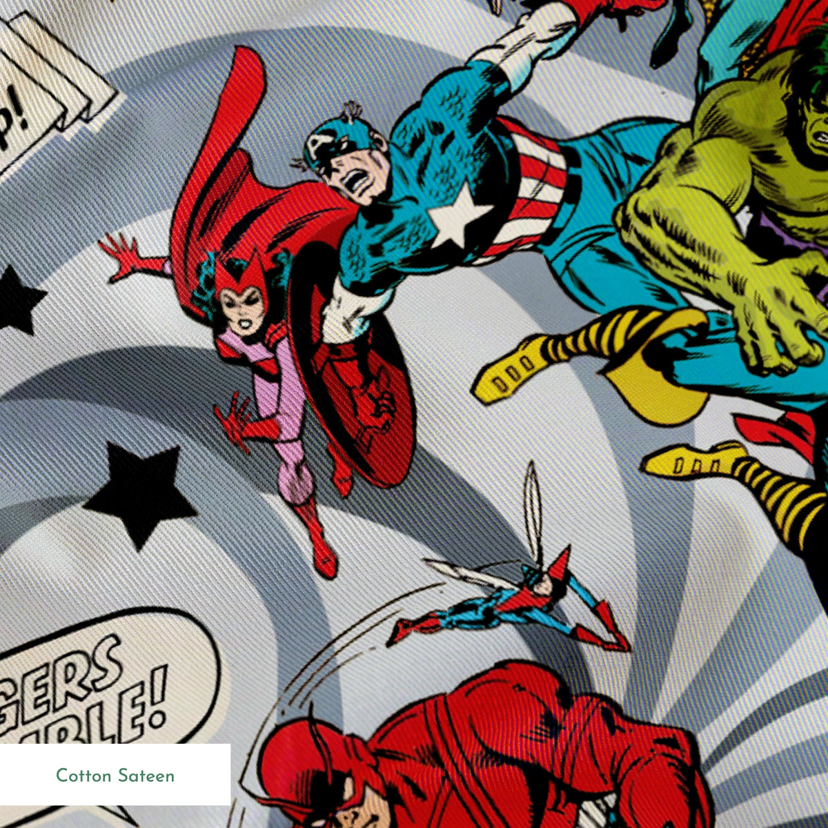 Colorful comic book style pattern with Marvel superheroes on gray background with stars and swirls springs sateen texture