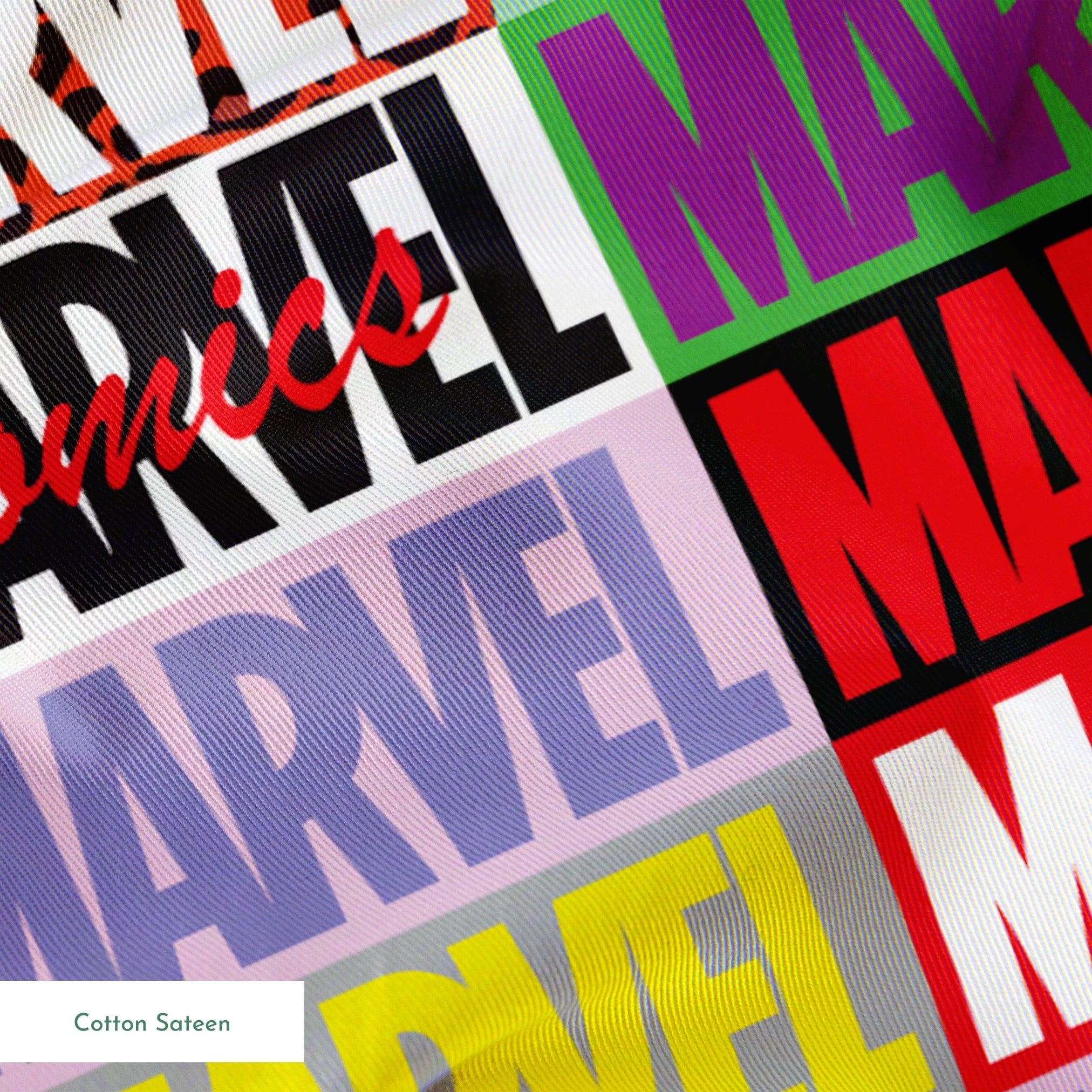 Colorful grid pattern of Marvel logos in various colors including red, blue, yellow, teal, purple, and gray against contrasting backgrounds springs sateen texture