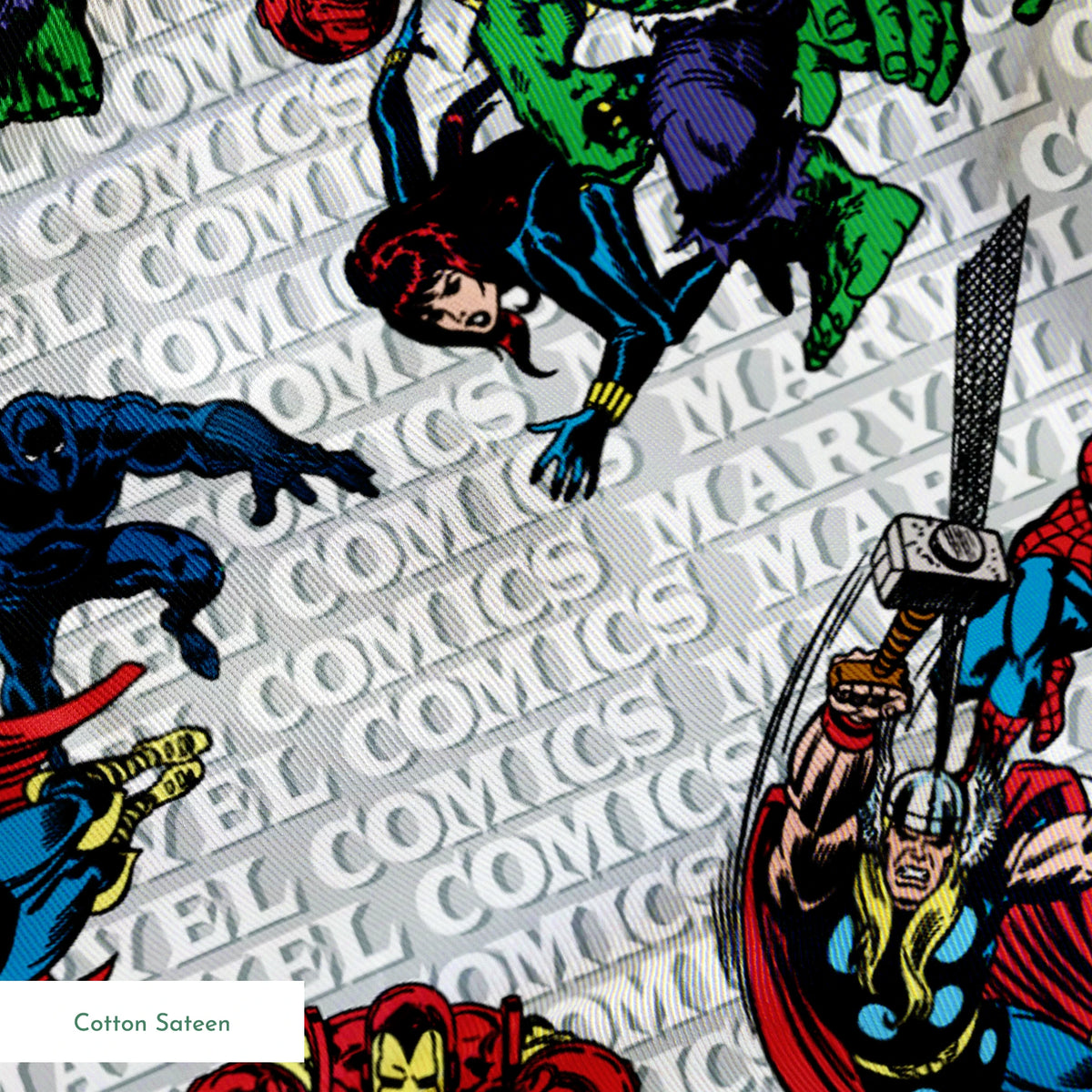 Marvel Comics superheroes pattern with Hulk, Iron Man, Captain America, and Spider-Man on a repeating text background. springs sateen texture