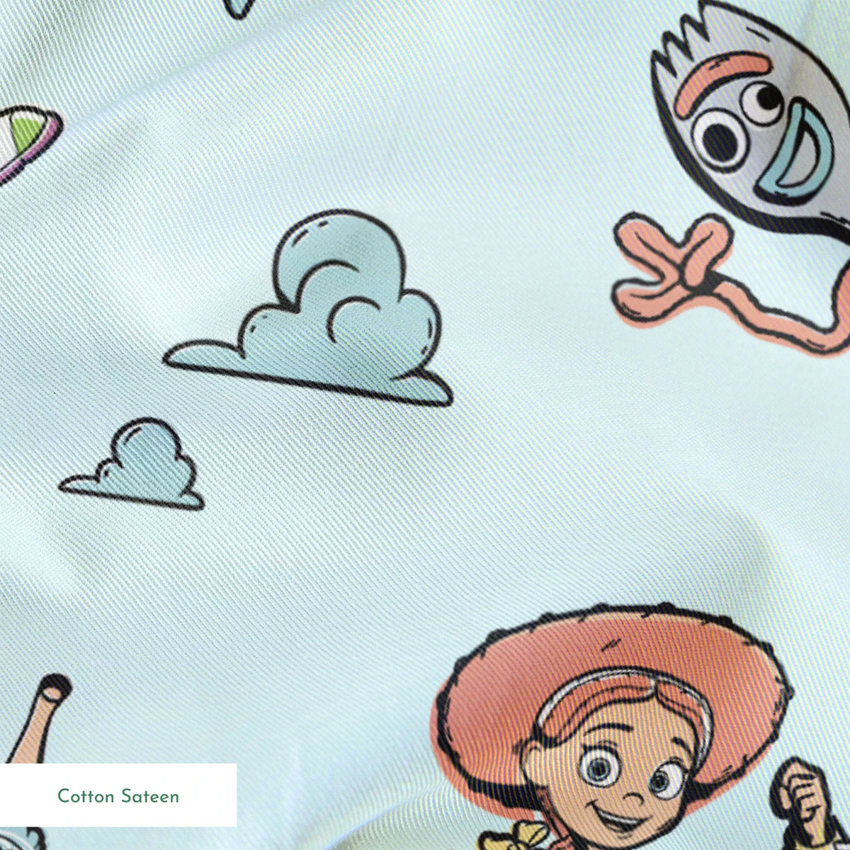 Cartoon characters from "Toy Story" floating on light blue background with cloud patterns springs sateen texture