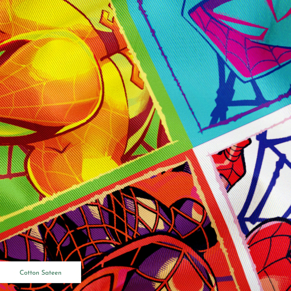 Colorful pop art grid of nine Spiderman designs in vibrant color schemes springs sateen texture