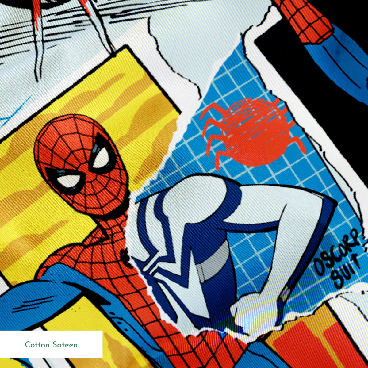 Spider-Man comic book style pattern with red and blue superheroes in action poses against web-themed background springs sateen texture