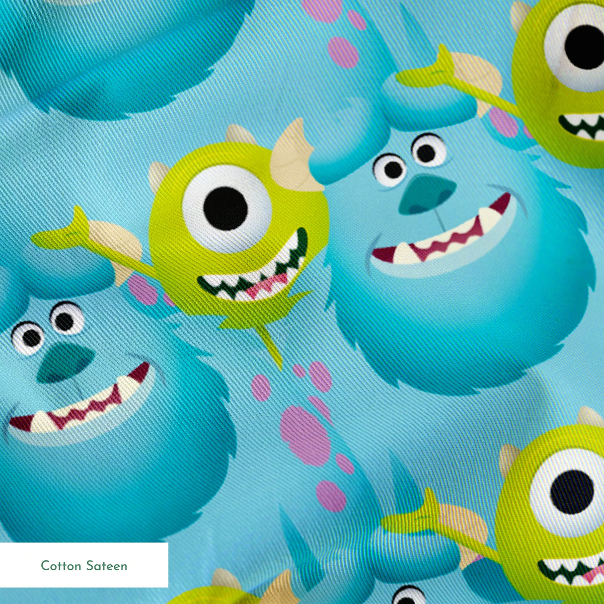 Repeating pattern of Monsters Inc characteres - Mike & Sulley on light blue background. springs sateen texture
