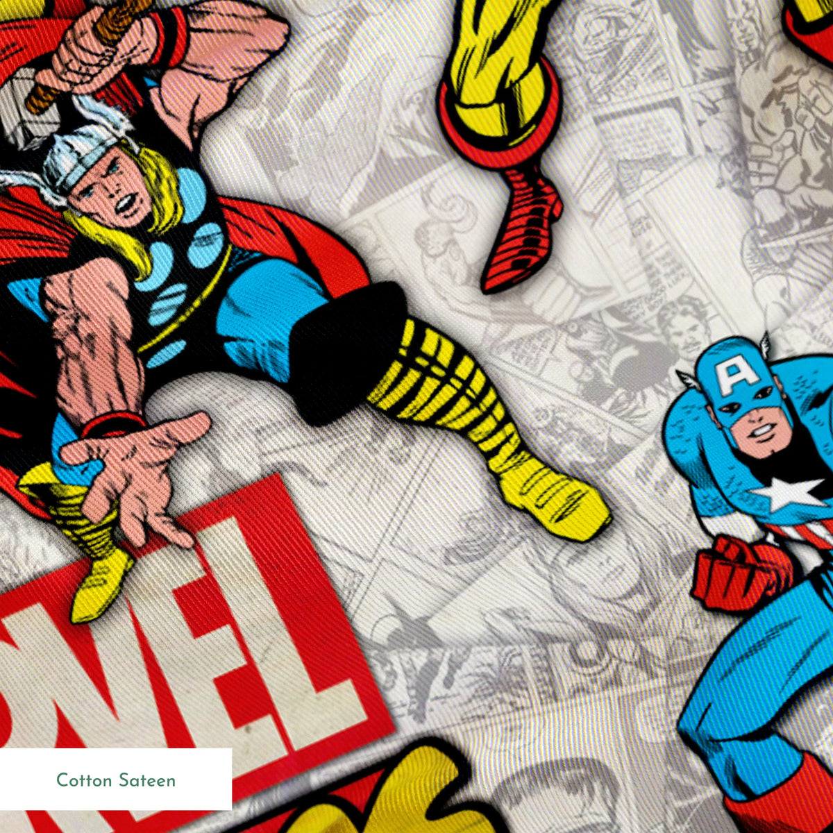 Marvel Comics collage pattern featuring iconic superheroes in action poses against comic book page background springs sateen texture