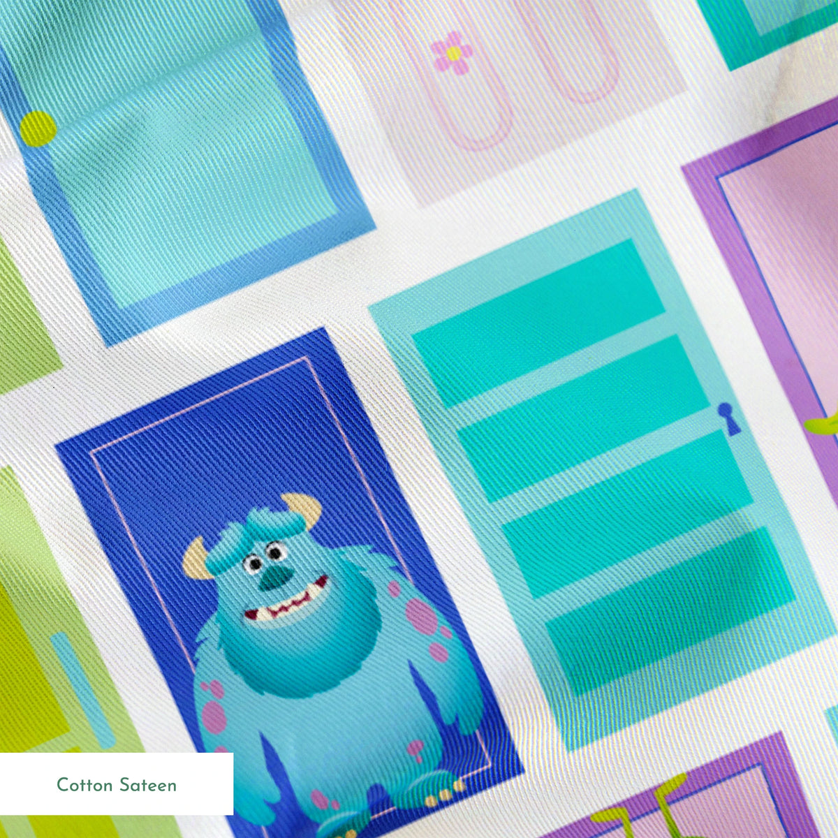Colorful cartoon monster doors pattern inspired by Monsters Inc. with teal, purple, and green doors springs sateen texture