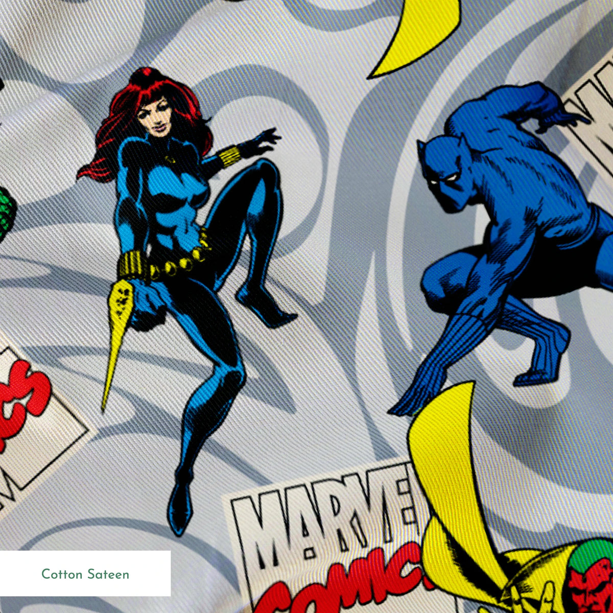 Marvel Comics characters including Hulk, Vision, and other superheroes on a gray background with Marvel Comics logos springs sateen texture