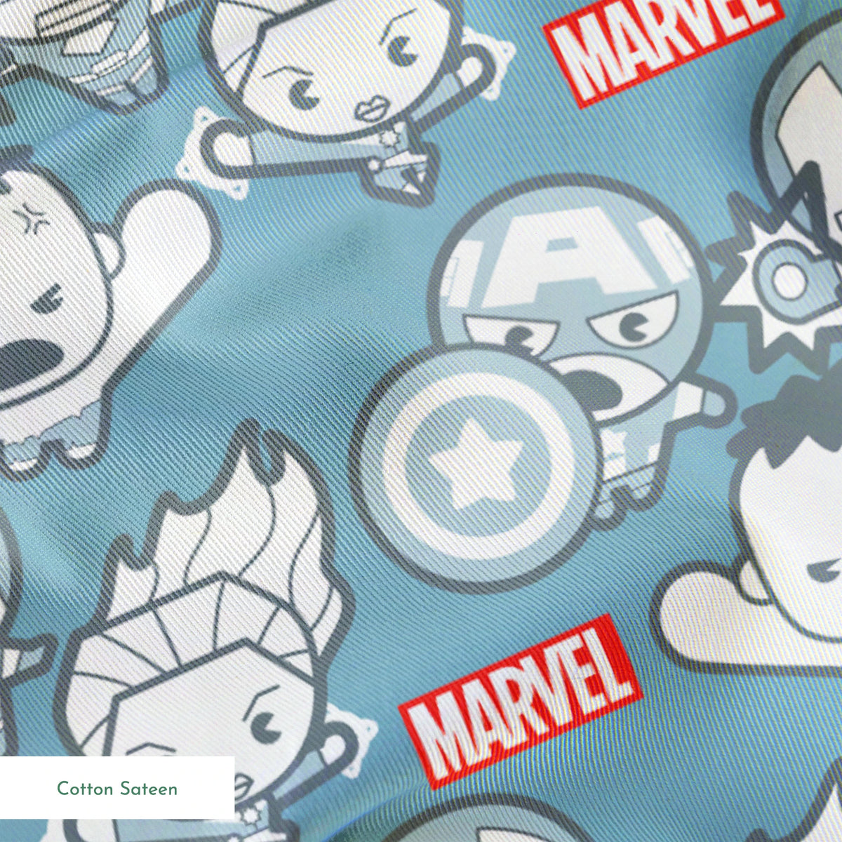 Marvel kawaii superhero pattern with cartoon characters, shields, and gear symbols on blue background springs sateen texture