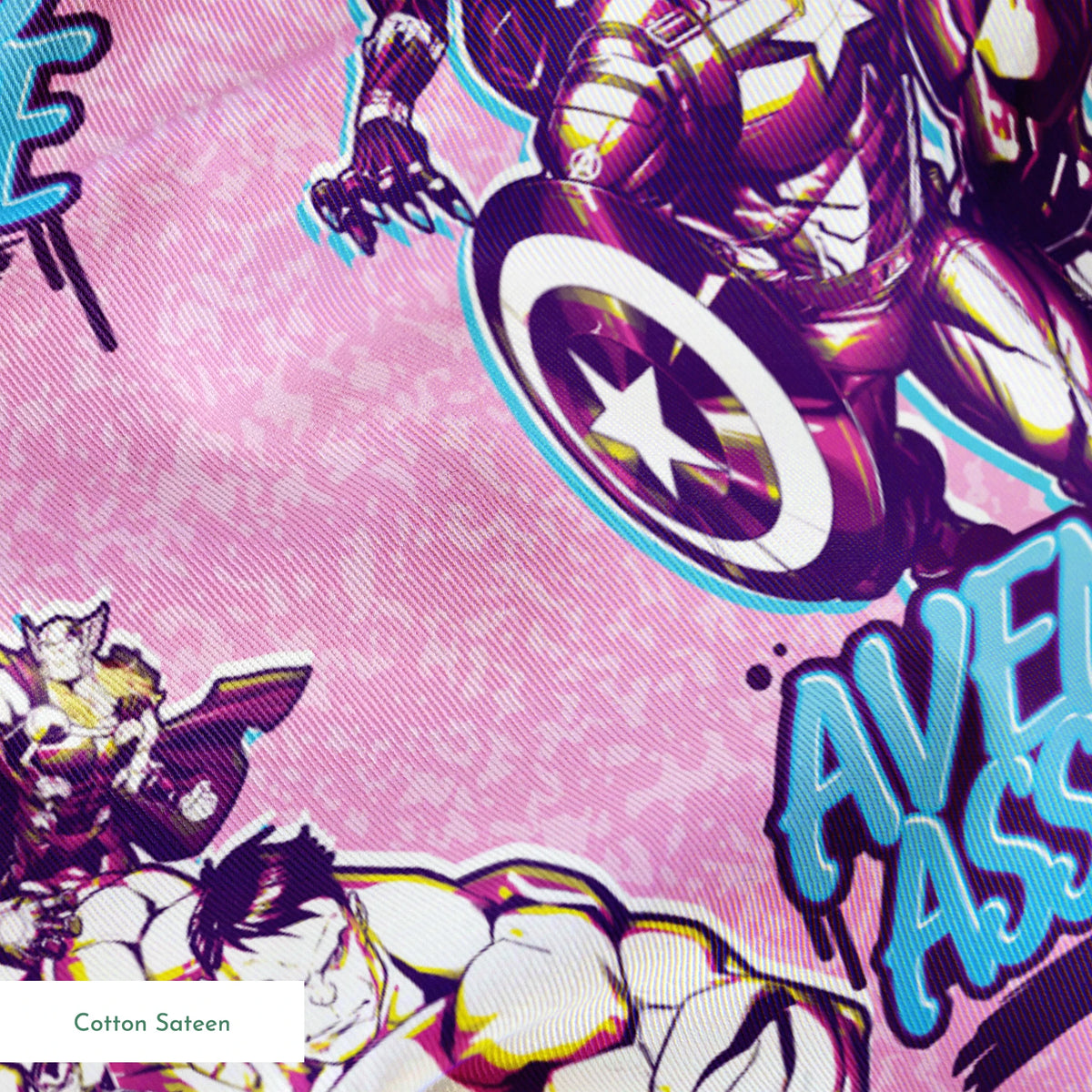 Avengers comic book characters pattern on purple background with "Avengers Assemble" text springs sateen texture