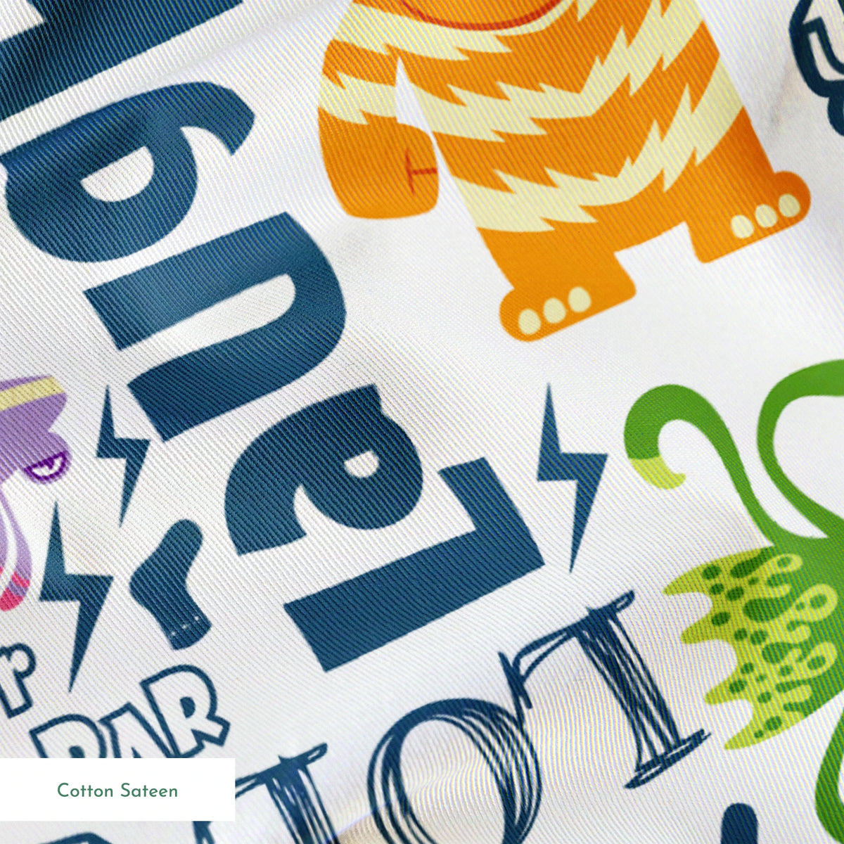 Colorful Monsters Inc doodle pattern with playful characters and text like "Laugh," "Power," and "Monster" in blue and vibrant colors. springs sateen texture