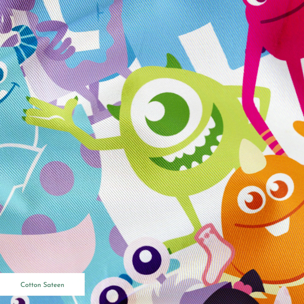 Colorful Monsters Inc pattern with various shapes, sizes and bright colors like blue, pink, orange and green. springs sateen texture