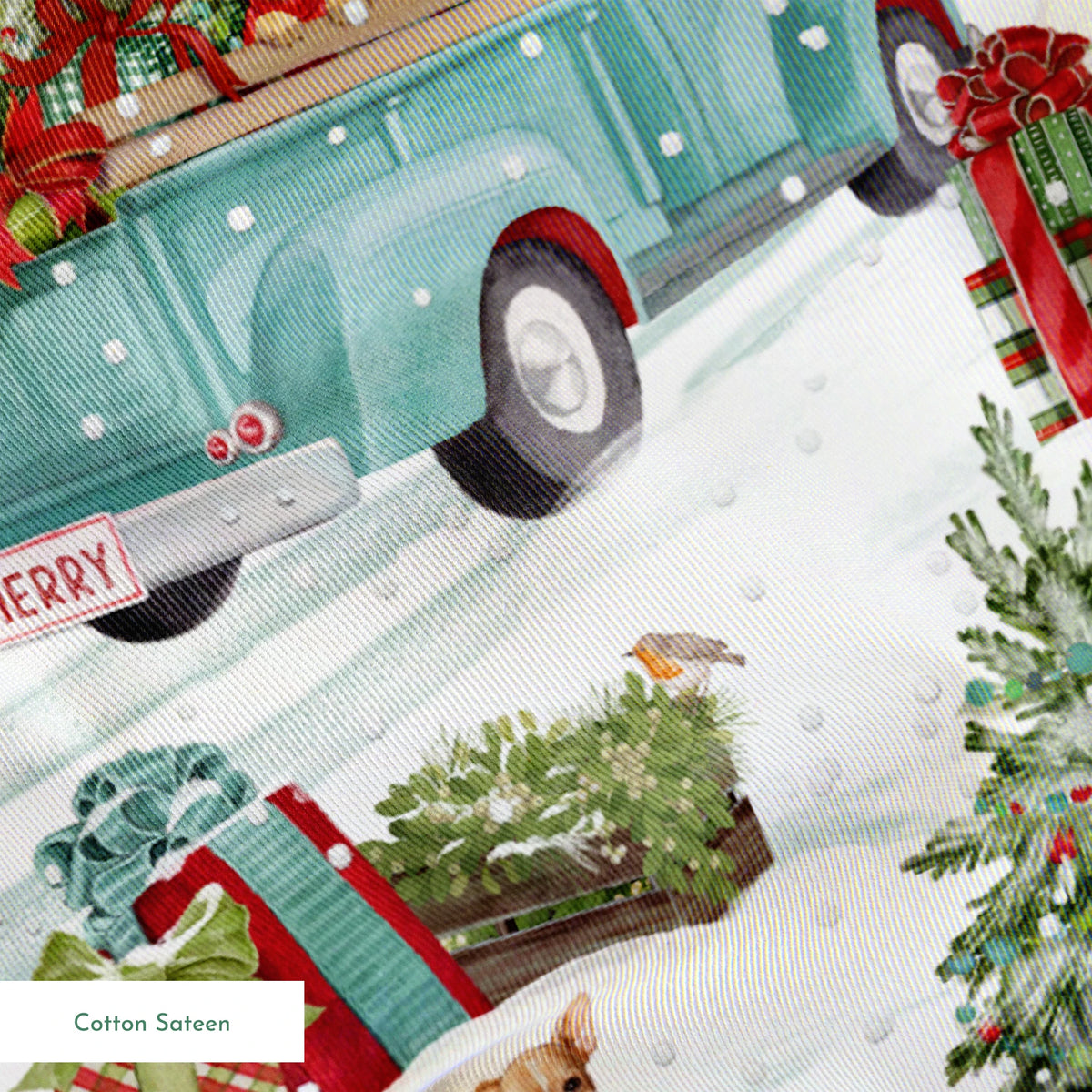 Vintage-style holiday fabric by Nicole Tamarin featuring teal trucks with Christmas trees, dogs, snow, and gifts in a festive winter landscape. springs sateen texture