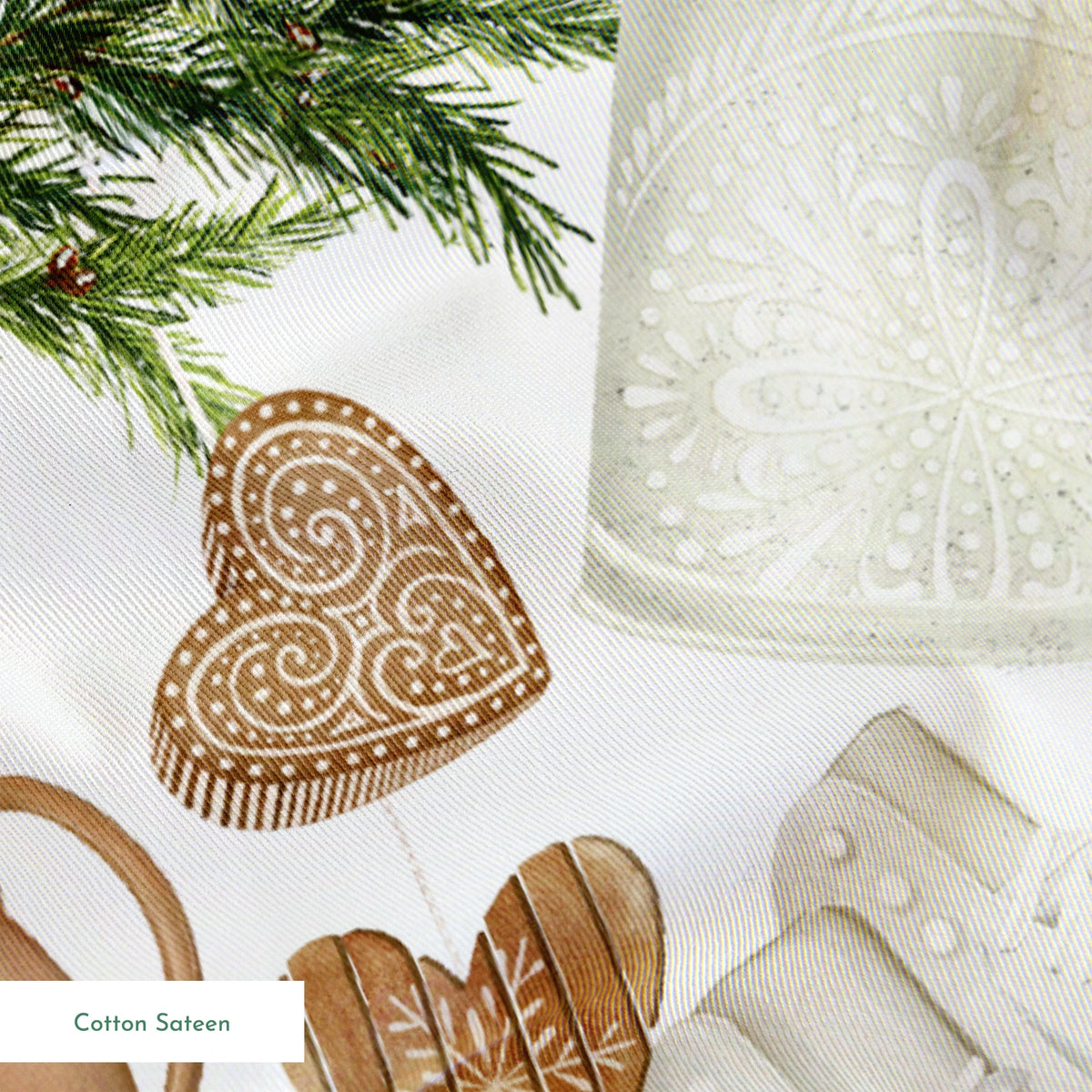 Winter-themed pattern featuring cocoa mugs, ice skates, mittens, pine branches, and holiday cookies in neutral and blue tones by Nicole Tamarin. springs sateen texture